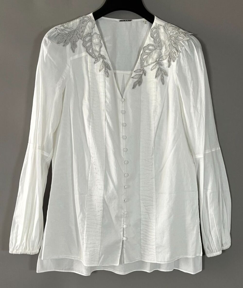 Elie Tahari Leigha Blouse Top Small Silver Emroidered Cottage Boho Edwardian